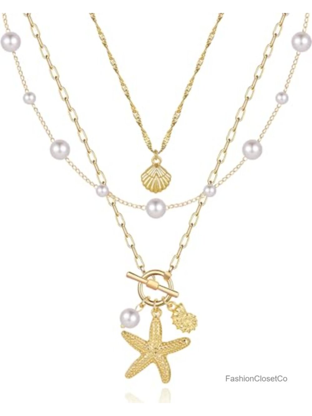 Layered Shell Pearl Starfish Necklace Set, 14K Gold Plated Brass Adjustable
